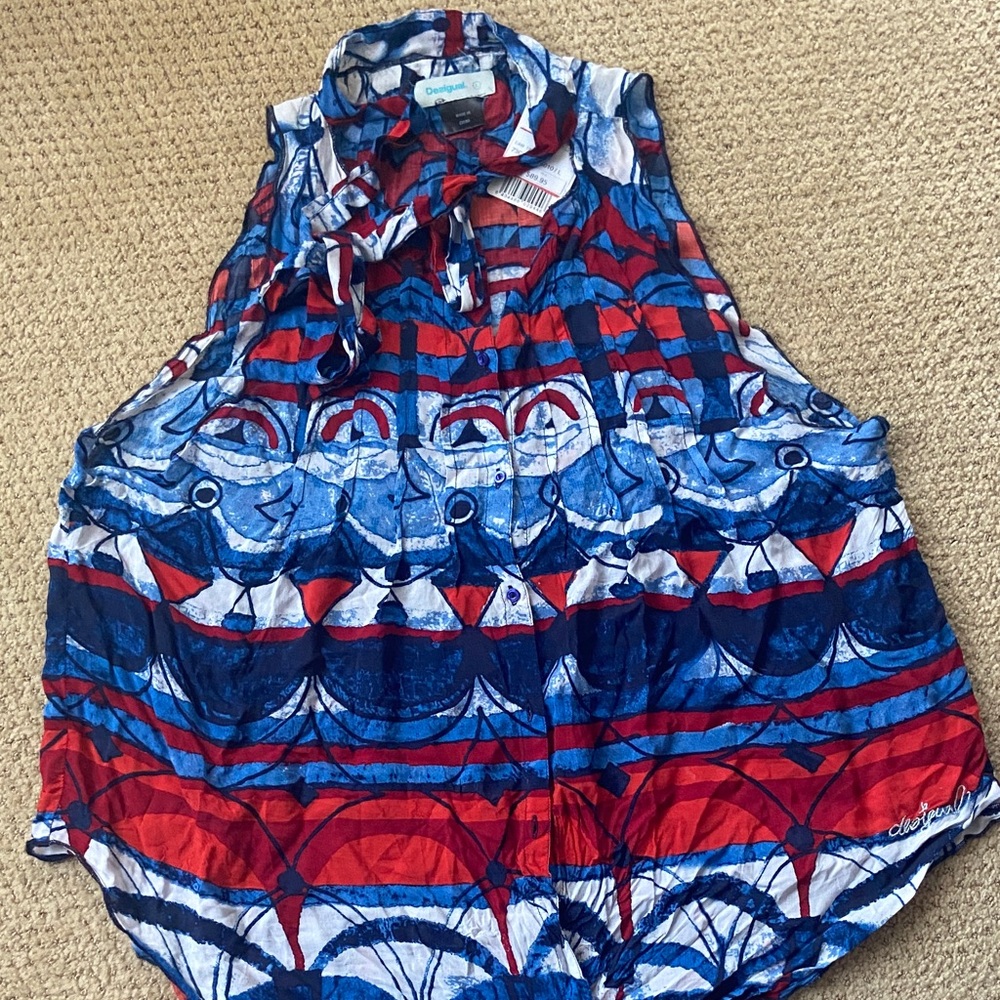 Colorful Desigual Sleeveless Blouse with Tie Neck